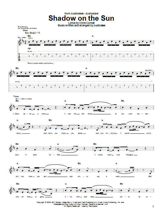 Download Audioslave Shadow On The Sun Sheet Music and learn how to play Guitar Tab PDF digital score in minutes