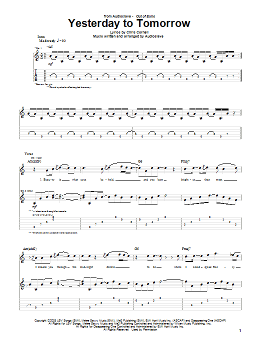 Download Audioslave Yesterday To Tomorrow Sheet Music and learn how to play Guitar Tab PDF digital score in minutes