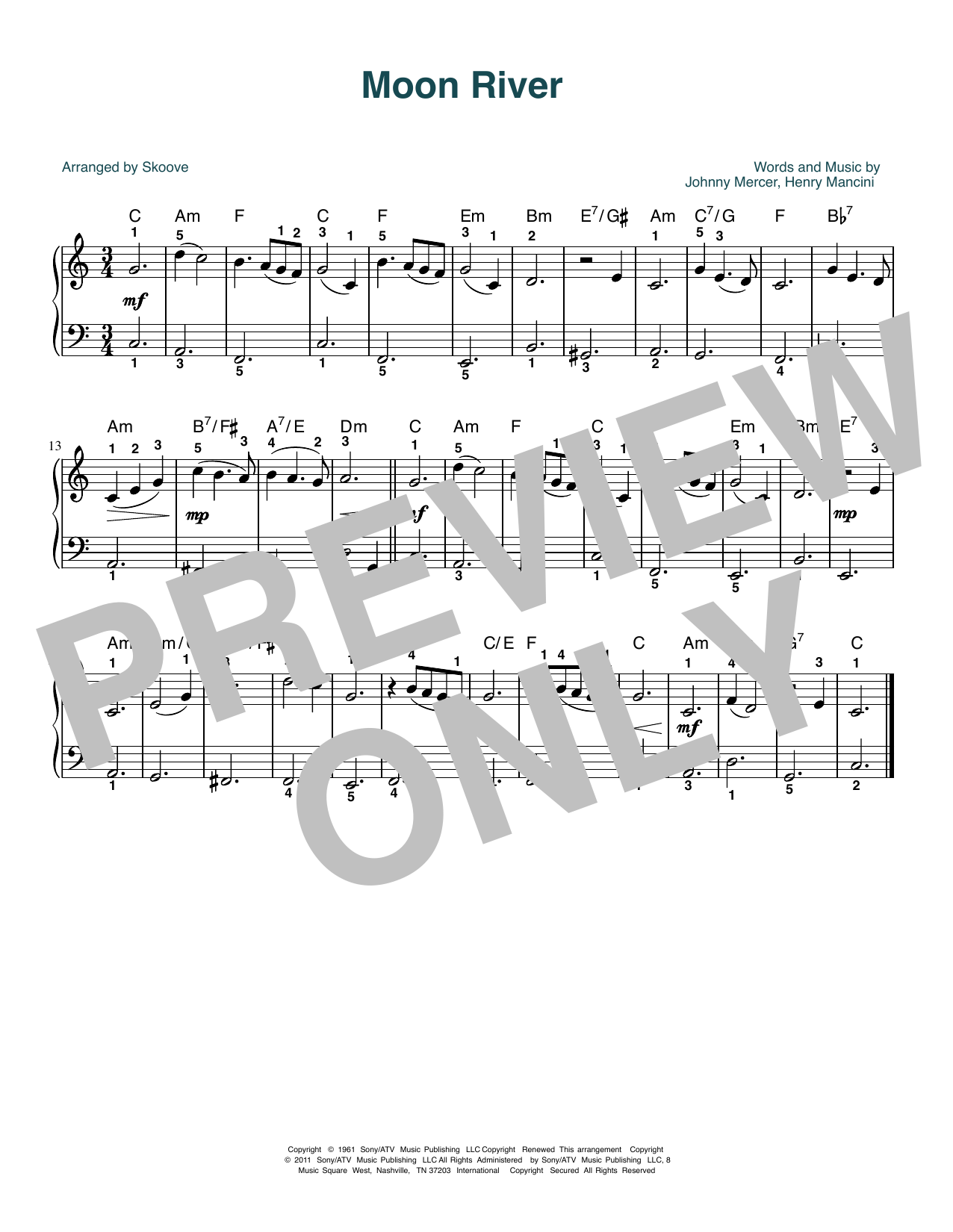 Download Audrey Hepburn Moon River (arr. Skoove) Sheet Music and learn how to play Beginner Piano (Abridged) PDF digital score in minutes