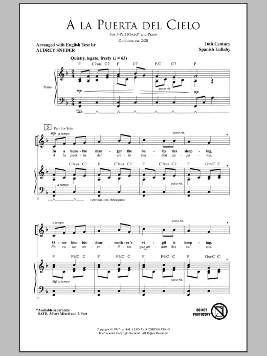 Download Traditional A La Puerta Del Cielo (arr. Audrey Snyder) Sheet Music and learn how to play 2-Part Choir PDF digital score in minutes