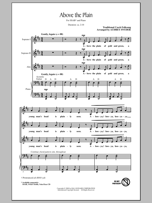 Download Traditional Above The Plain (arr. Audrey Snyder) Sheet Music and learn how to play 3-Part Treble PDF digital score in minutes