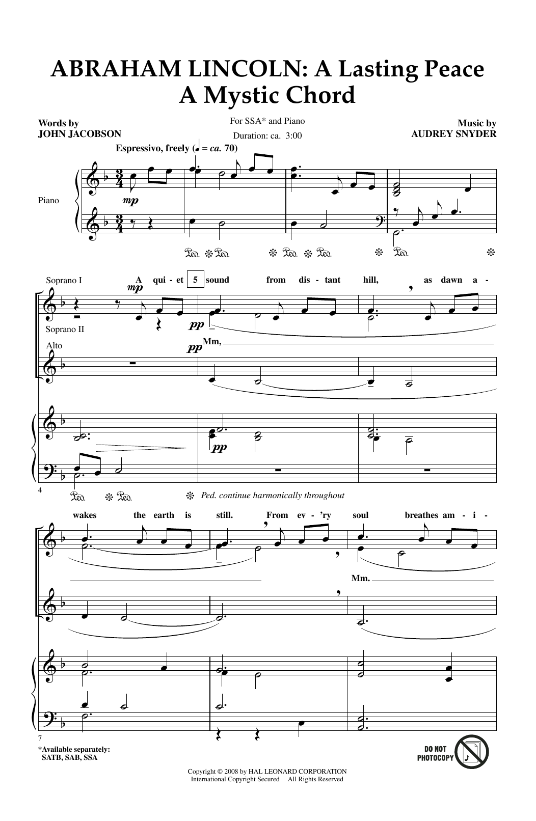 Download Audrey Snyder Abraham Lincoln: A Lasting Peace Sheet Music and learn how to play SSA PDF digital score in minutes