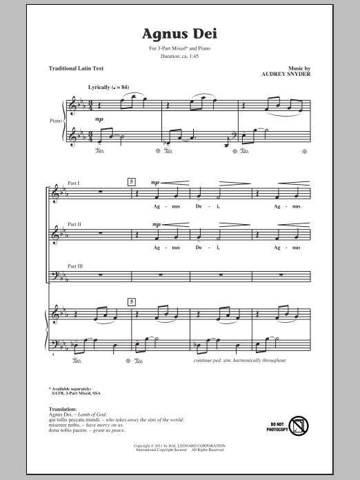 Download Audrey Snyder Agnus Dei Sheet Music and learn how to play SSA PDF digital score in minutes