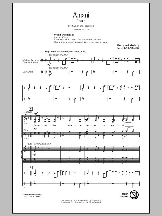 Download Audrey Snyder Amani (Peace) Sheet Music and learn how to play 2-Part Choir PDF digital score in minutes
