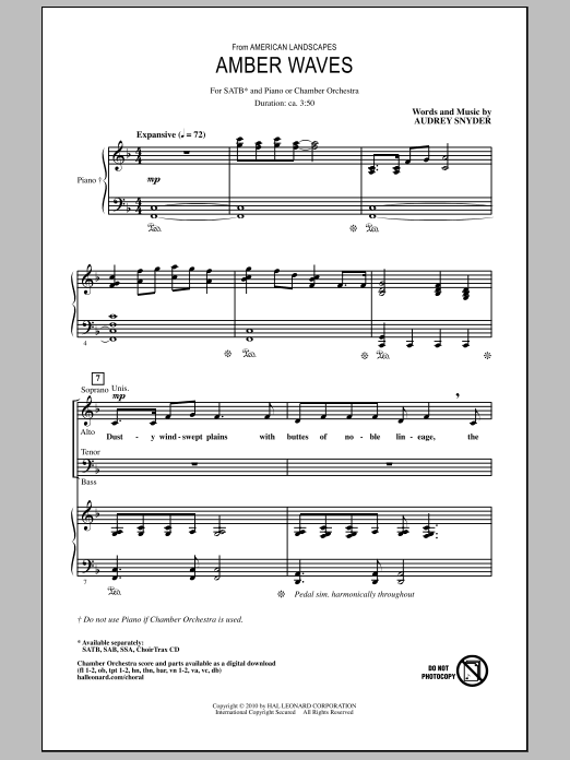 Download Audrey Snyder Amber Waves Sheet Music and learn how to play SATB Choir PDF digital score in minutes