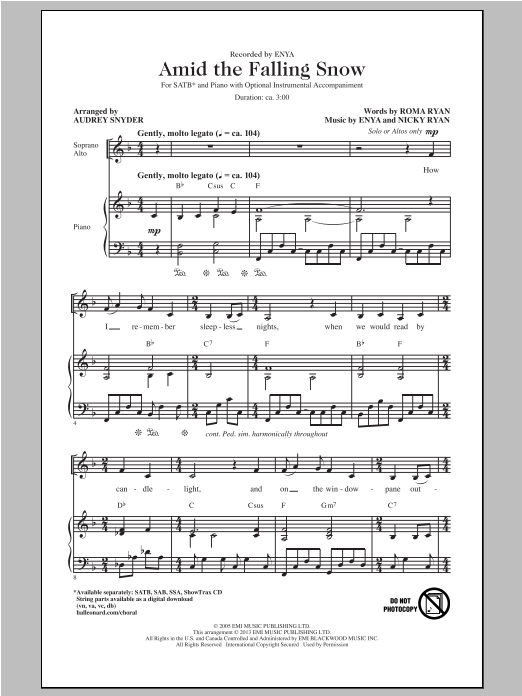 Download Enya Amid The Falling Snow (arr. Audrey Snyder) Sheet Music and learn how to play SSA PDF digital score in minutes
