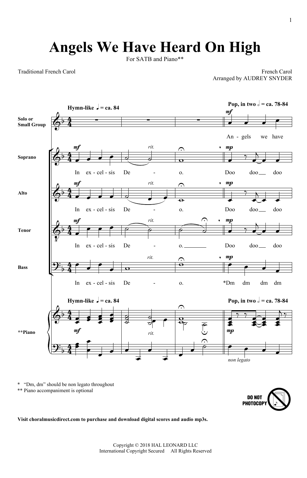 Download Audrey Snyder Angels We Have Heard On High Sheet Music and learn how to play SATB PDF digital score in minutes