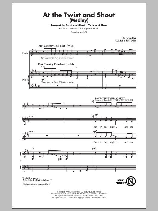 Download The Beatles At The Twist And Shout (arr. Audrey Snyder) Sheet Music and learn how to play 2-Part Choir PDF digital score in minutes