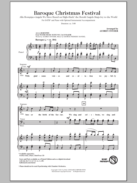 Download Audrey Snyder Baroque Christmas Festival (Medley) Sheet Music and learn how to play SATB PDF digital score in minutes