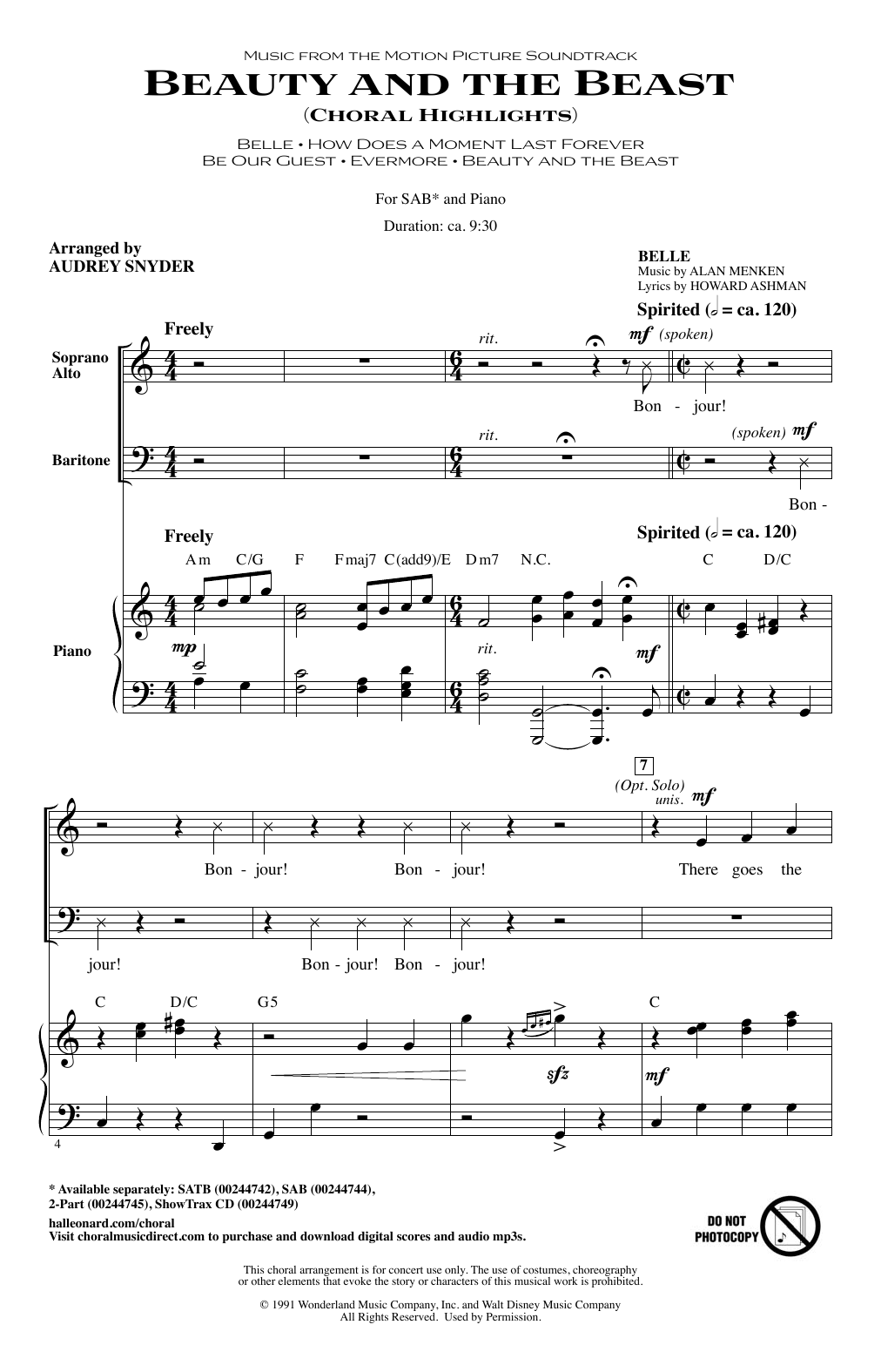 Download Audrey Snyder Beauty and The Beast (Choral Highlights) Sheet Music and learn how to play 2-Part Choir PDF digital score in minutes