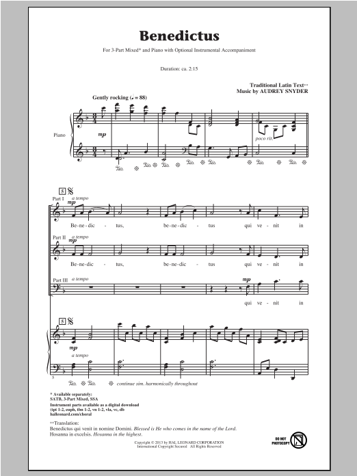 Download Audrey Snyder Benedictus Sheet Music and learn how to play SSA PDF digital score in minutes