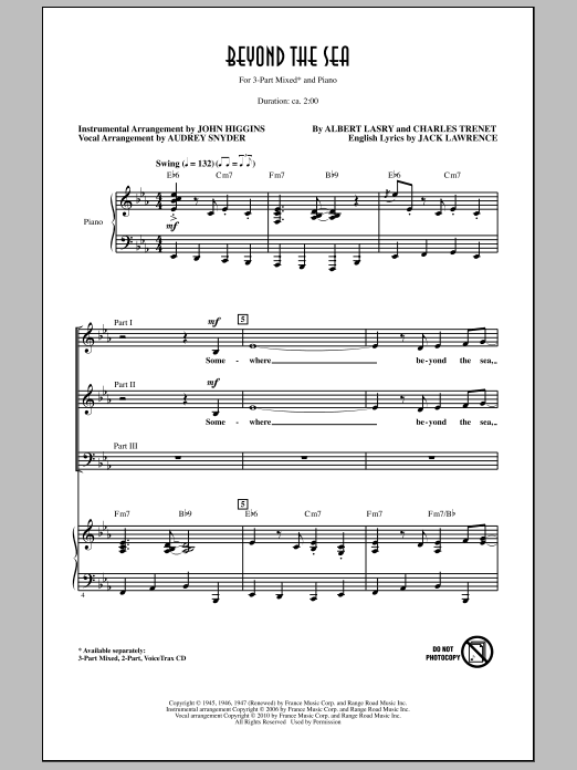 Download Audrey Snyder Beyond The Sea Sheet Music and learn how to play 3-Part Mixed Choir PDF digital score in minutes