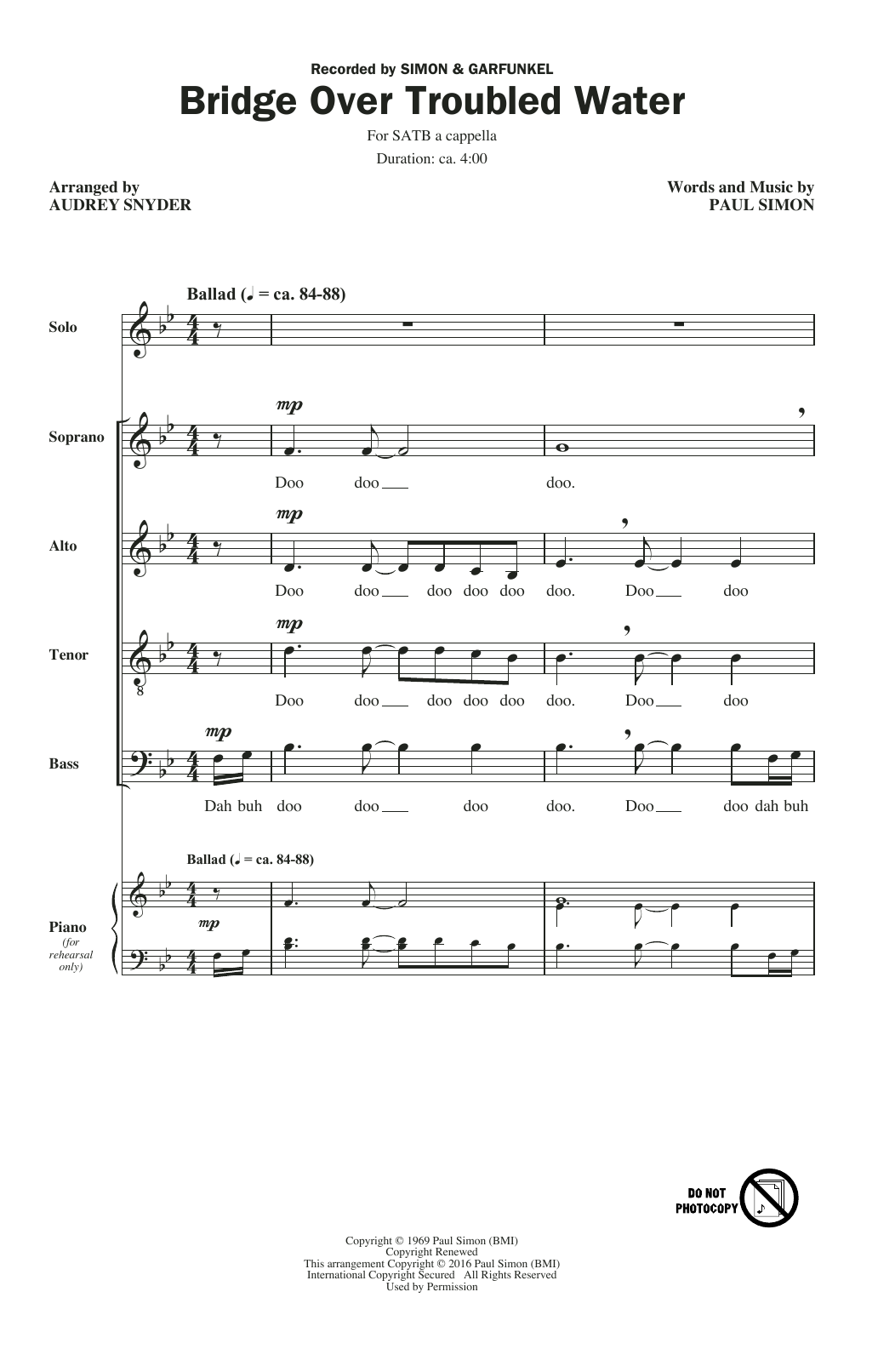 Download Audrey Snyder Bridge Over Troubled Water Sheet Music and learn how to play SATB PDF digital score in minutes