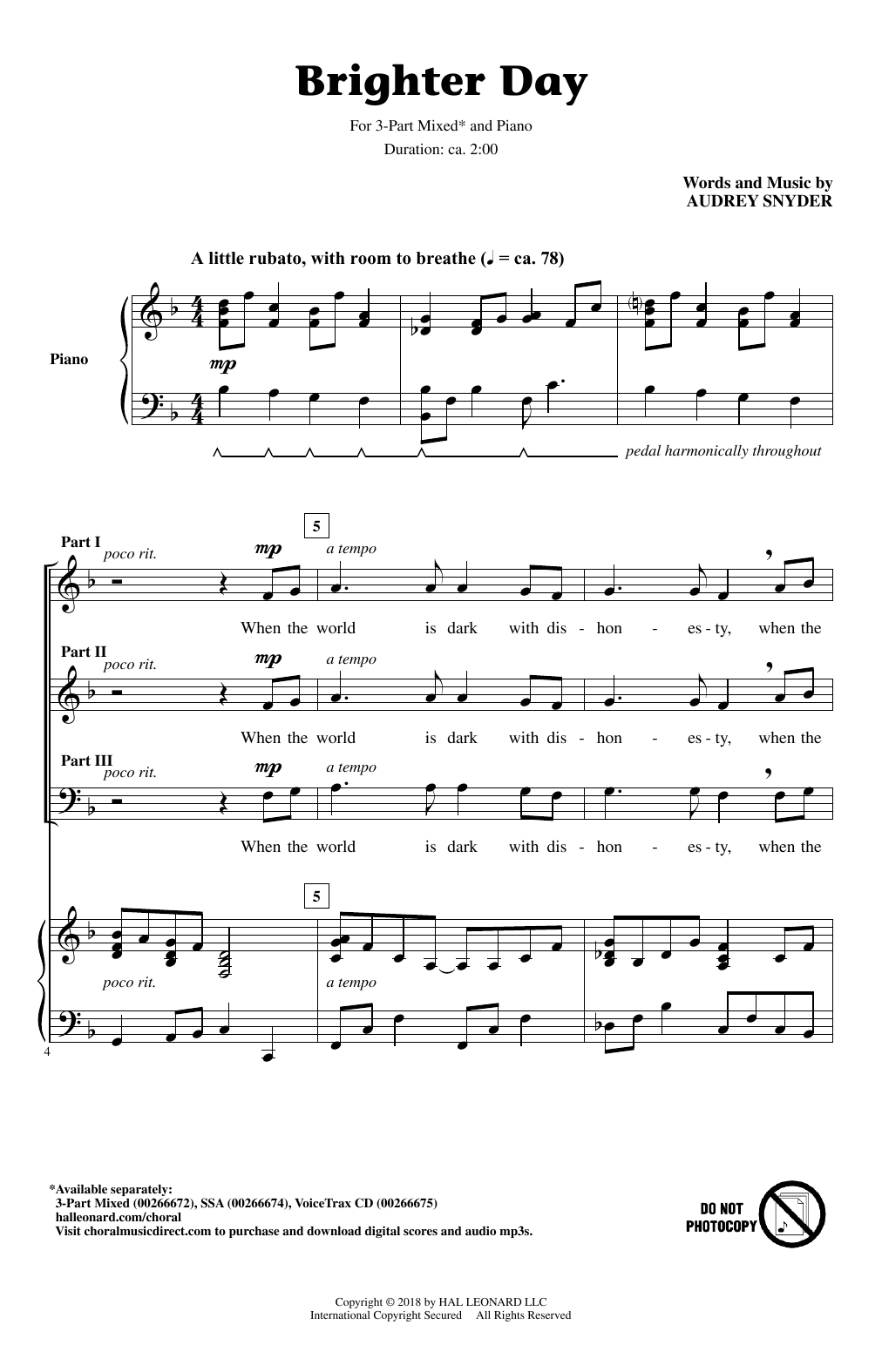 Download Audrey Snyder Brighter Day Sheet Music and learn how to play SSA PDF digital score in minutes