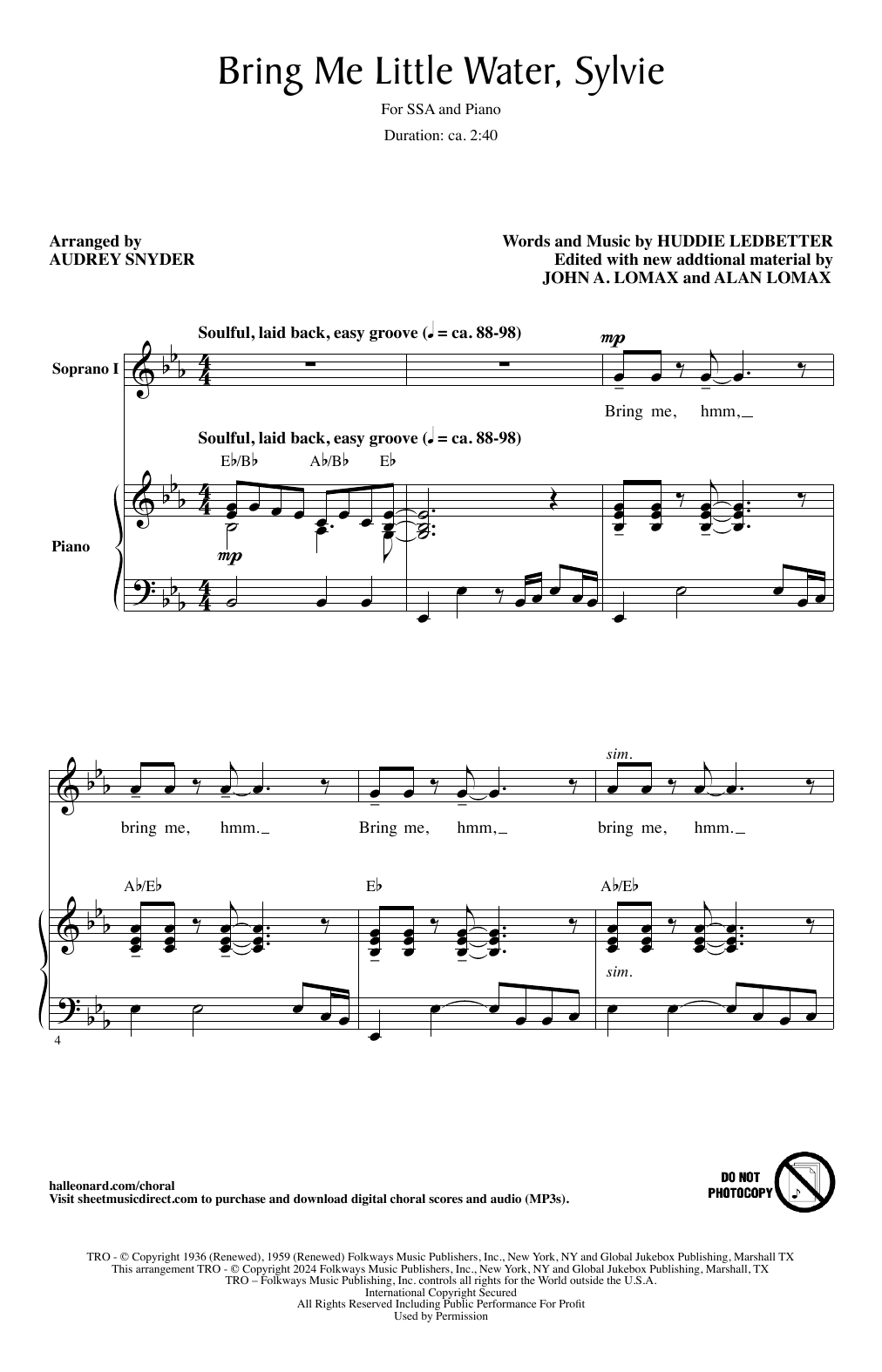 Download Audrey Snyder Bring Me Little Water, Silvie Sheet Music and learn how to play SSA Choir PDF digital score in minutes