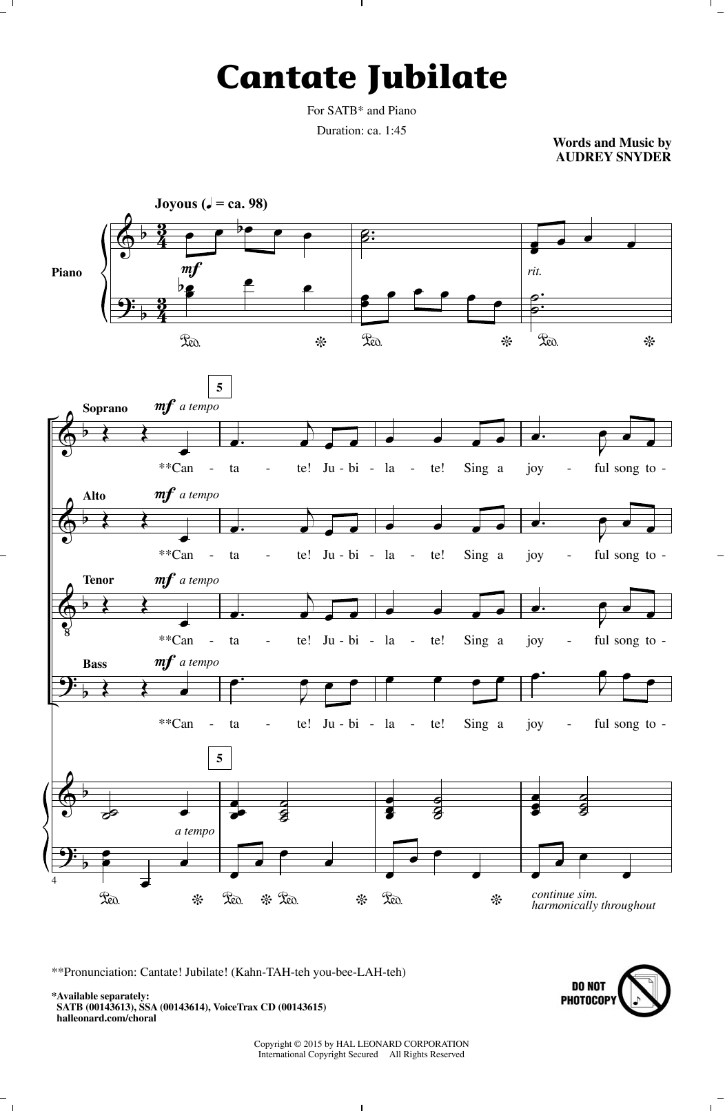 Download Audrey Snyder Cantate Jubilate Sheet Music and learn how to play SSA PDF digital score in minutes