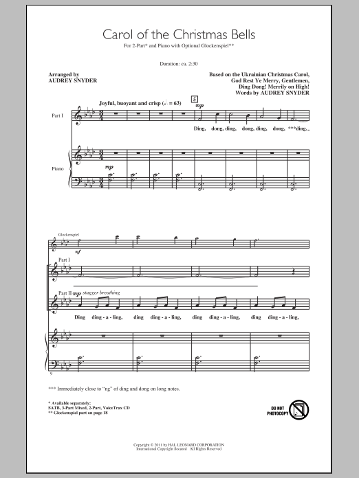 Download Audrey Snyder Carol Of The Christmas Bells Sheet Music and learn how to play SATB PDF digital score in minutes