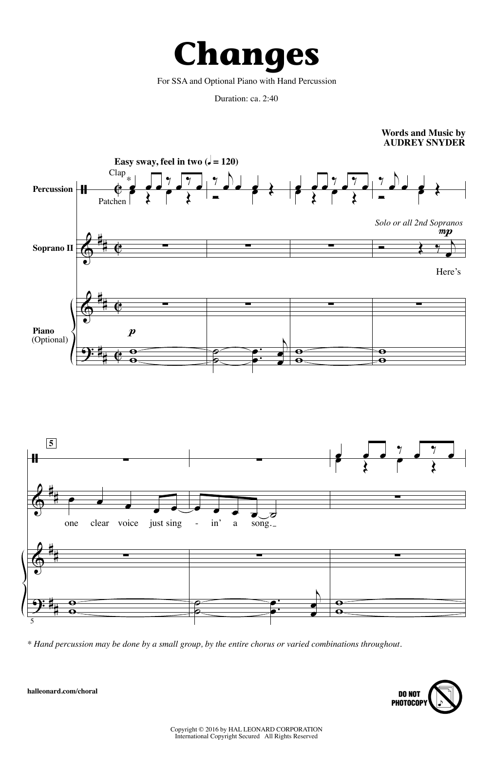 Download Audrey Snyder Changes Sheet Music and learn how to play SSA PDF digital score in minutes