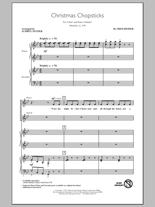 Download Audrey Snyder Christmas Chopsticks Sheet Music and learn how to play 3-Part Mixed PDF digital score in minutes
