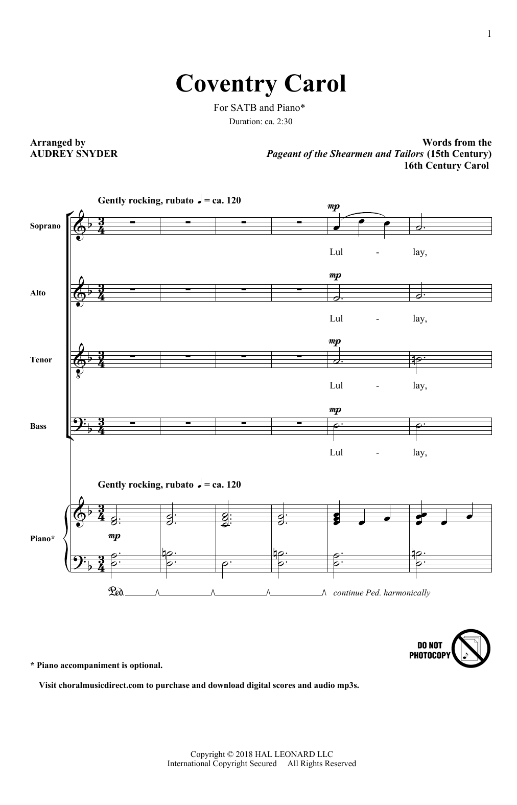 Download Audrey Snyder Coventry Carol Sheet Music and learn how to play SSA Choir PDF digital score in minutes