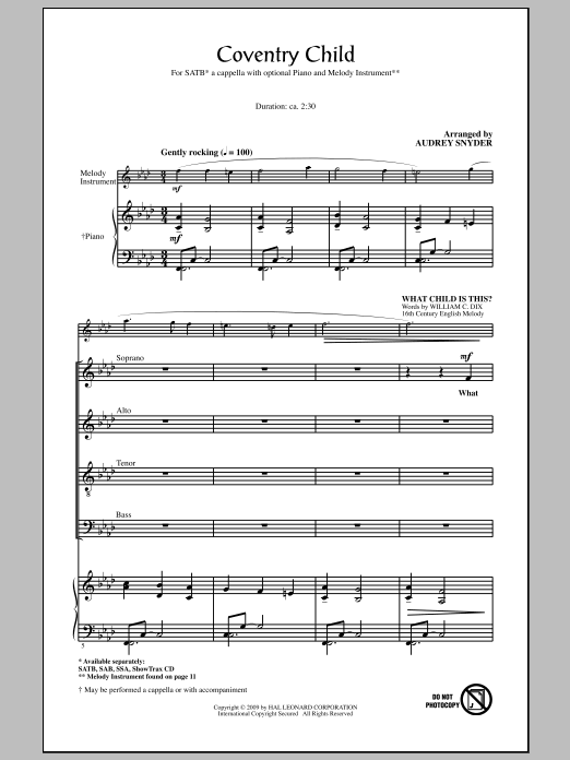 Download Audrey Snyder Coventry Child Sheet Music and learn how to play SAB Choir PDF digital score in minutes
