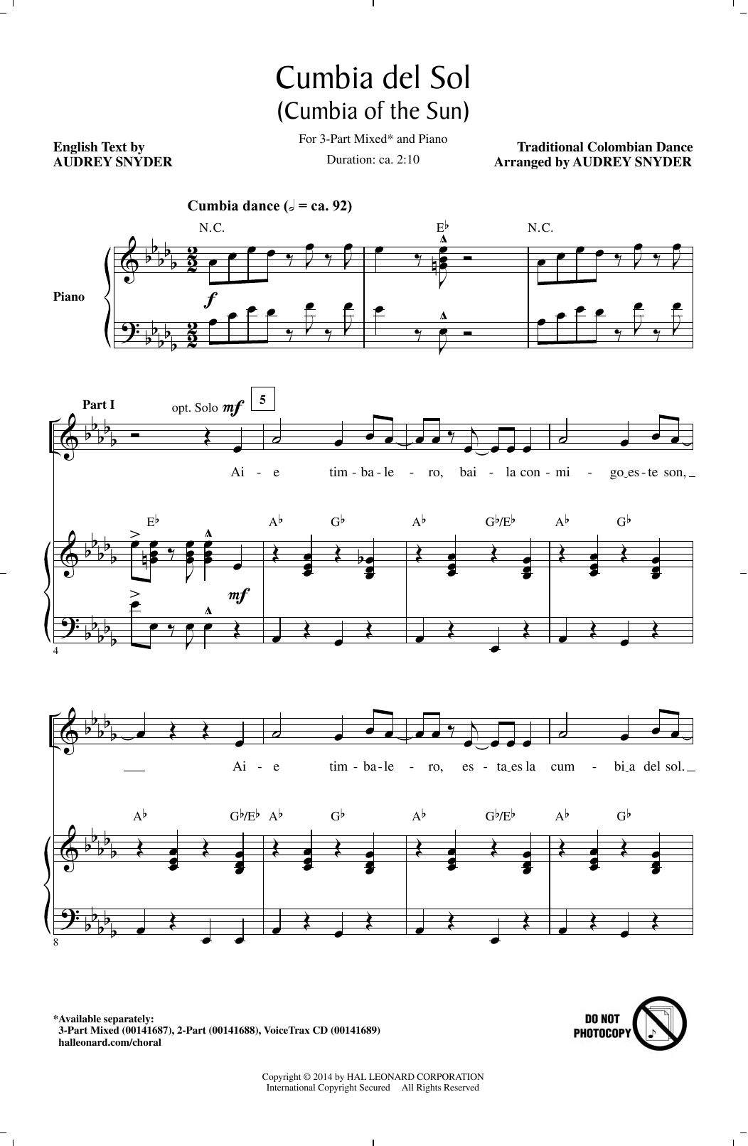 Download Audrey Snyder Cumbia Del Sol (Cumbia Of The Sun) Sheet Music and learn how to play 2-Part Choir PDF digital score in minutes
