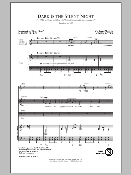 Download Audrey Snyder Dark Is The Silent Night Sheet Music and learn how to play SATB PDF digital score in minutes
