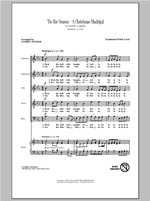 Download Traditional Carol Deck The Halls (arr. Audrey Snyder) Sheet Music and learn how to play SATB PDF digital score in minutes
