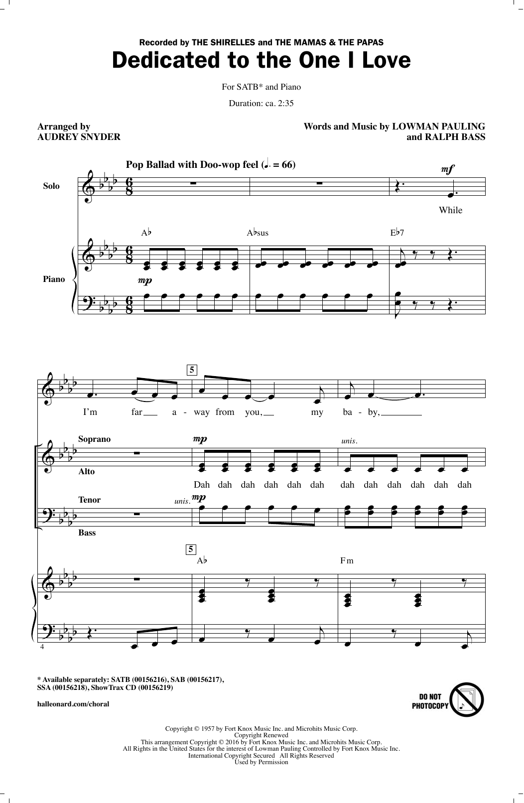 Download Audrey Snyder Dedicated To The One I Love Sheet Music and learn how to play SSA PDF digital score in minutes