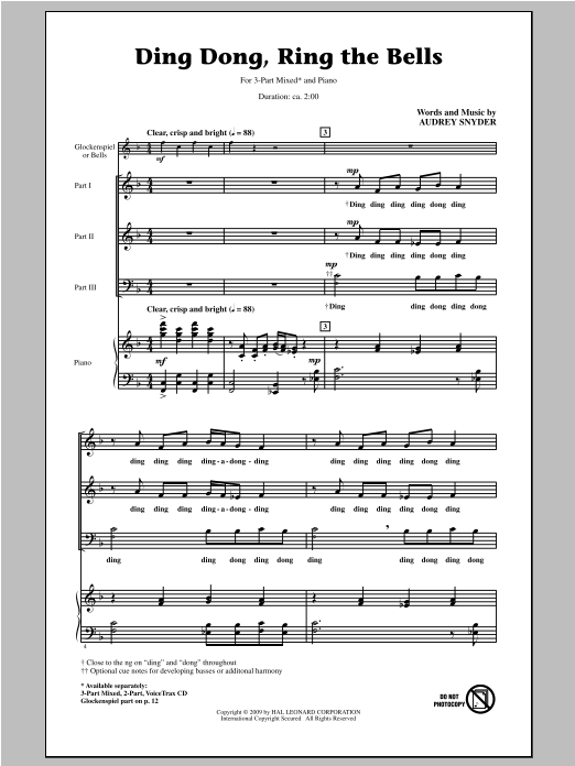 Download Audrey Snyder Ding Dong, Ring The Bells Sheet Music and learn how to play 3-Part Mixed PDF digital score in minutes