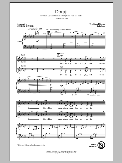 Download Traditional Doraji (arr. Audrey Snyder) Sheet Music and learn how to play 3-Part Mixed PDF digital score in minutes