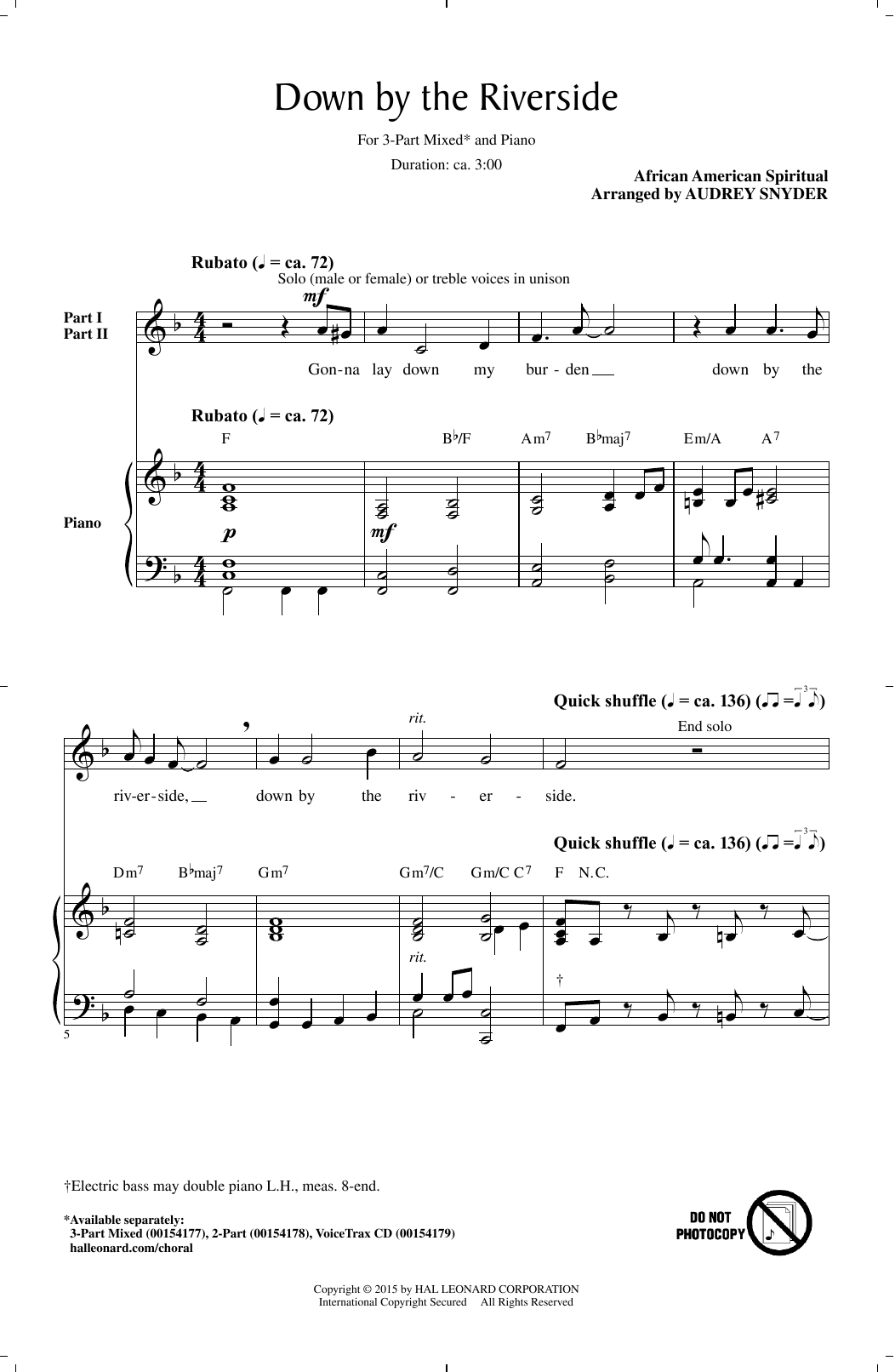 Download African-American Spiritual Down By The Riverside (arr. Audrey Snyder) Sheet Music and learn how to play 3-Part Mixed PDF digital score in minutes