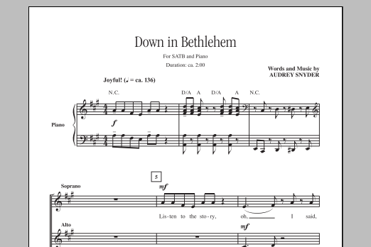 Download Audrey Snyder Down In Bethlehem Sheet Music and learn how to play SATB PDF digital score in minutes