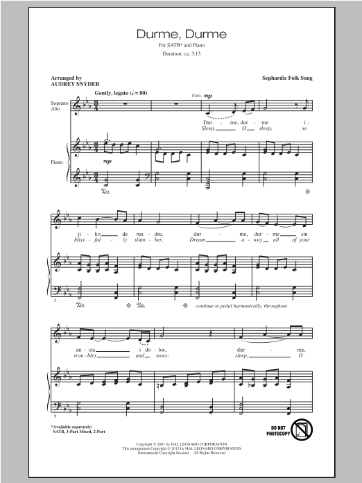 Download Traditional Durme, Durme (arr. Audrey Snyder) Sheet Music and learn how to play SATB PDF digital score in minutes