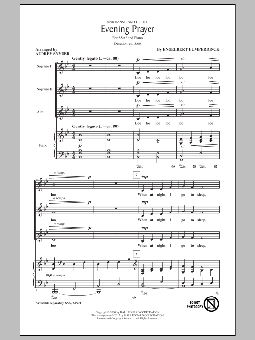 Download Audrey Snyder Evening Prayer Sheet Music and learn how to play SSA PDF digital score in minutes