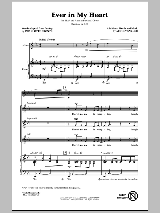 Download Audrey Snyder Ever In My Heart Sheet Music and learn how to play SSA Choir PDF digital score in minutes