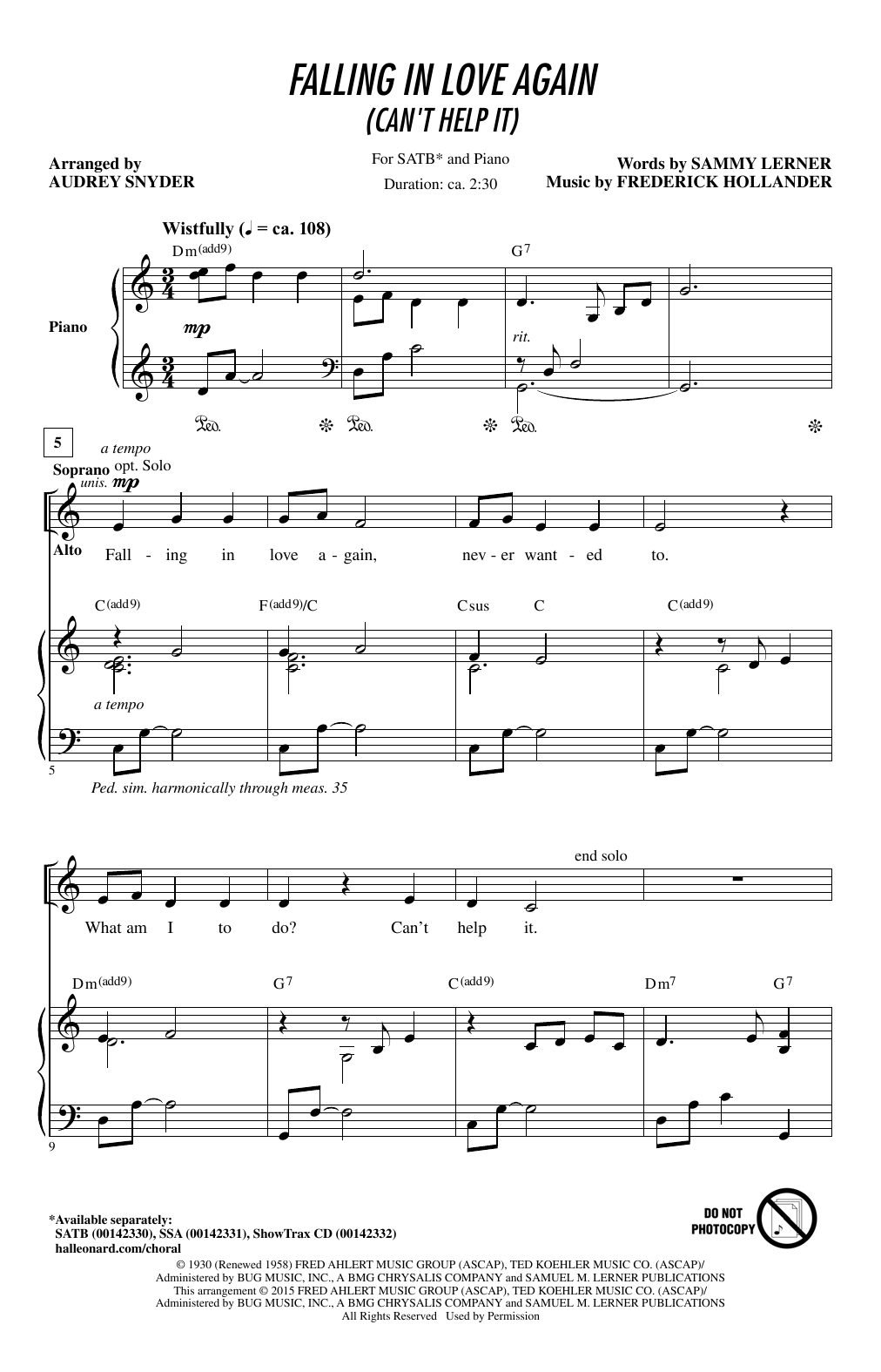 Download Marlene Dietrich Falling In Love Again (Can't Help It) (Arr. Audrey Snyder) Sheet Music and learn how to play SATB PDF digital score in minutes
