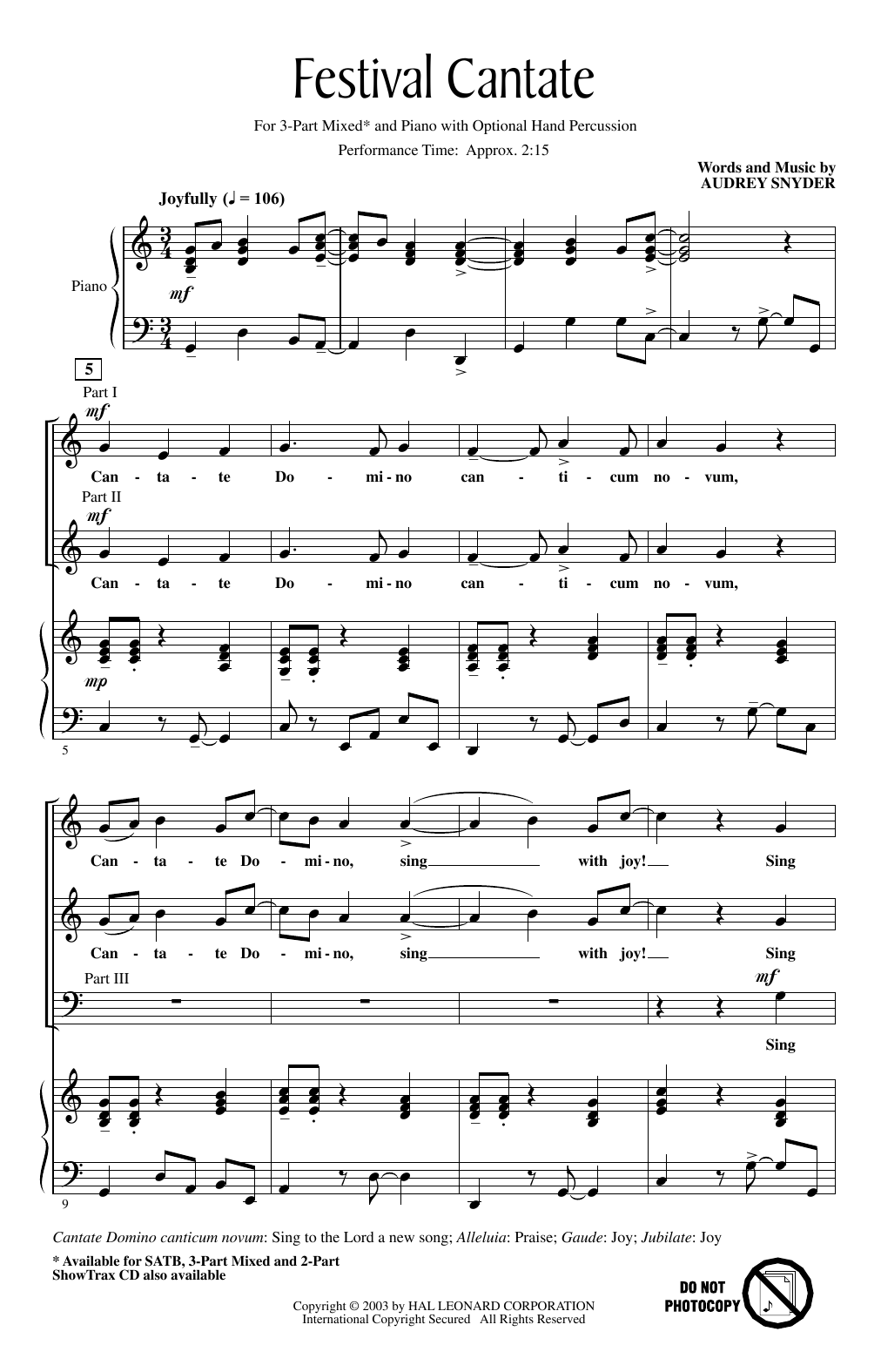 Download Audrey Snyder Festival Cantate Sheet Music and learn how to play 3-Part Mixed Choir PDF digital score in minutes