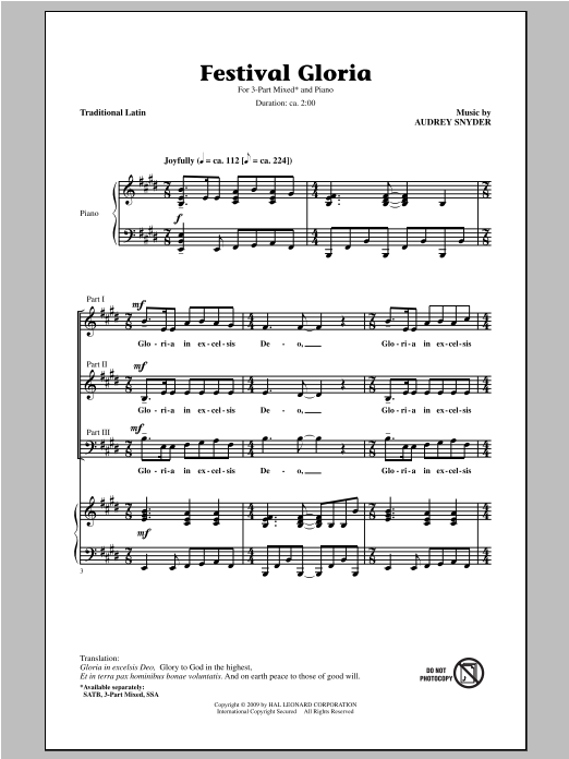 Download Audrey Snyder Festival Gloria Sheet Music and learn how to play SSA PDF digital score in minutes