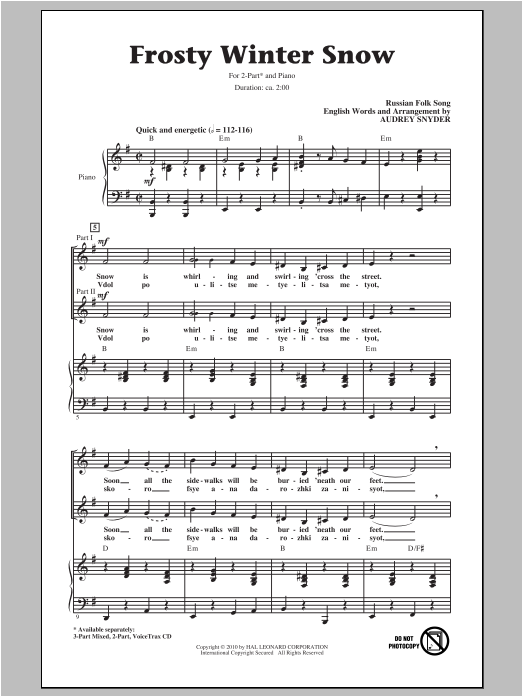 Download Traditional Audrey Snyder: Frosty Winter Snow (arr. Audrey Snyder) Sheet Music and learn how to play 2-Part Choir PDF digital score in minutes