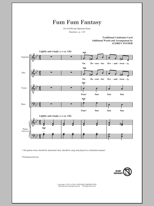 Download Traditional Fum, Fum, Fum (arr. Audrey Snyder) Sheet Music and learn how to play SATB PDF digital score in minutes