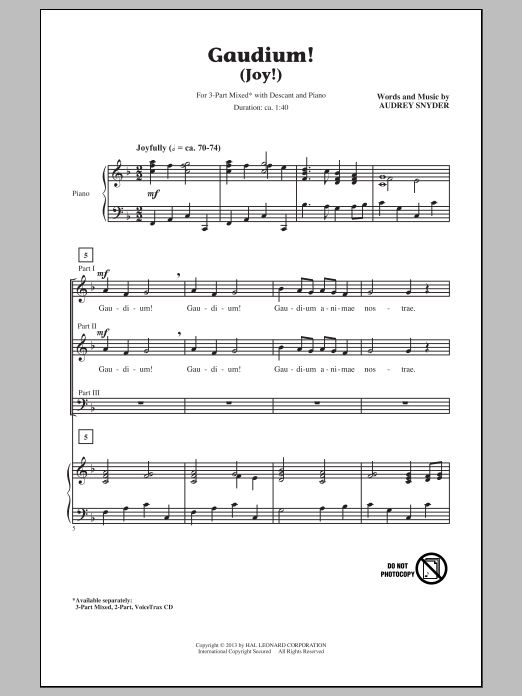 Download Audrey Snyder Gaudium! Sheet Music and learn how to play 2-Part Choir PDF digital score in minutes