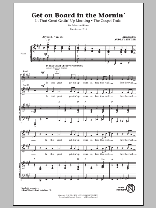 Download Audrey Snyder Get On Board In The Mornin' Sheet Music and learn how to play 3-Part Mixed PDF digital score in minutes