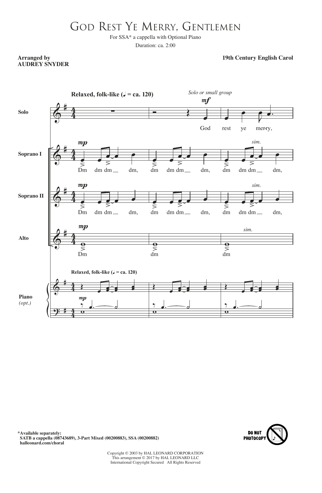 Download Audrey Snyder God Rest Ye Merry, Gentlemen Sheet Music and learn how to play SSA PDF digital score in minutes