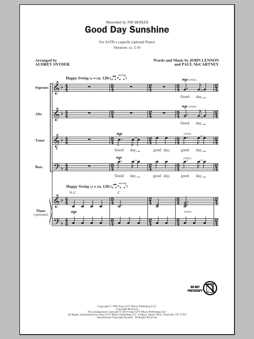 Download Audrey Snyder Good Day Sunshine Sheet Music and learn how to play SATB PDF digital score in minutes