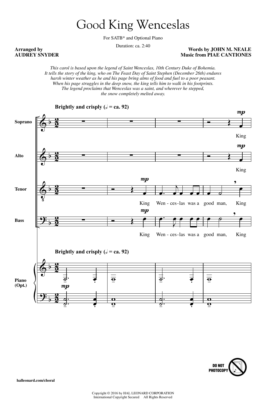 Download Audrey Snyder Good King Wenceslas Sheet Music and learn how to play SATB PDF digital score in minutes