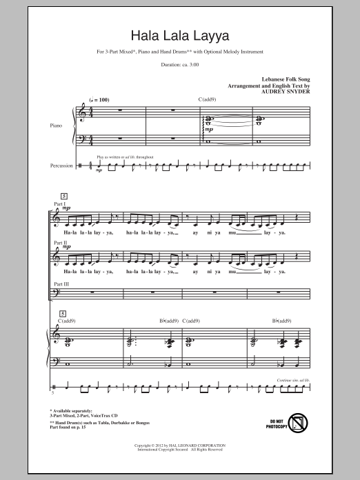 Download Audrey Snyder Hala Lala Layya Sheet Music and learn how to play 2-Part Choir PDF digital score in minutes