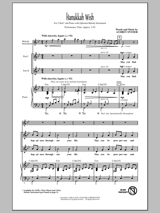 Download Audrey Snyder Hanukkah Wish Sheet Music and learn how to play SATB PDF digital score in minutes