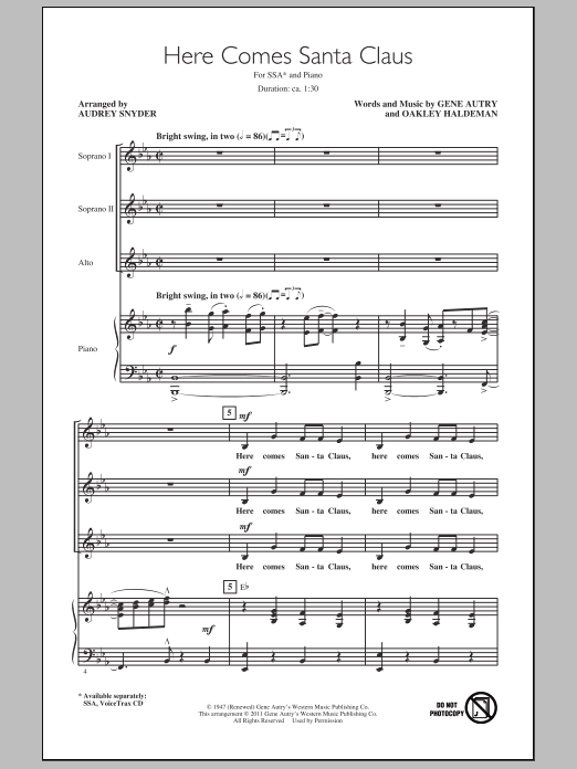 Download Gene Autry Here Comes Santa Claus (Right Down Santa Claus Lane) (arr. Audrey Snyder) Sheet Music and learn how to play SSA PDF digital score in minutes