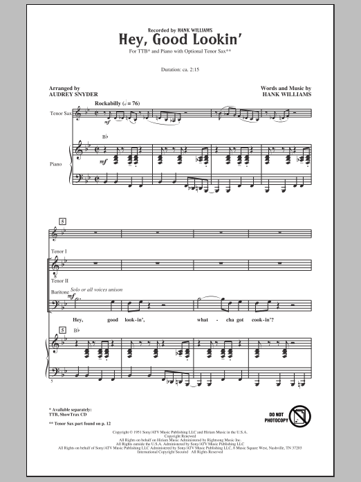 Download Hank Williams Hey, Good Lookin' (arr. Audrey Snyder) Sheet Music and learn how to play TTBB PDF digital score in minutes